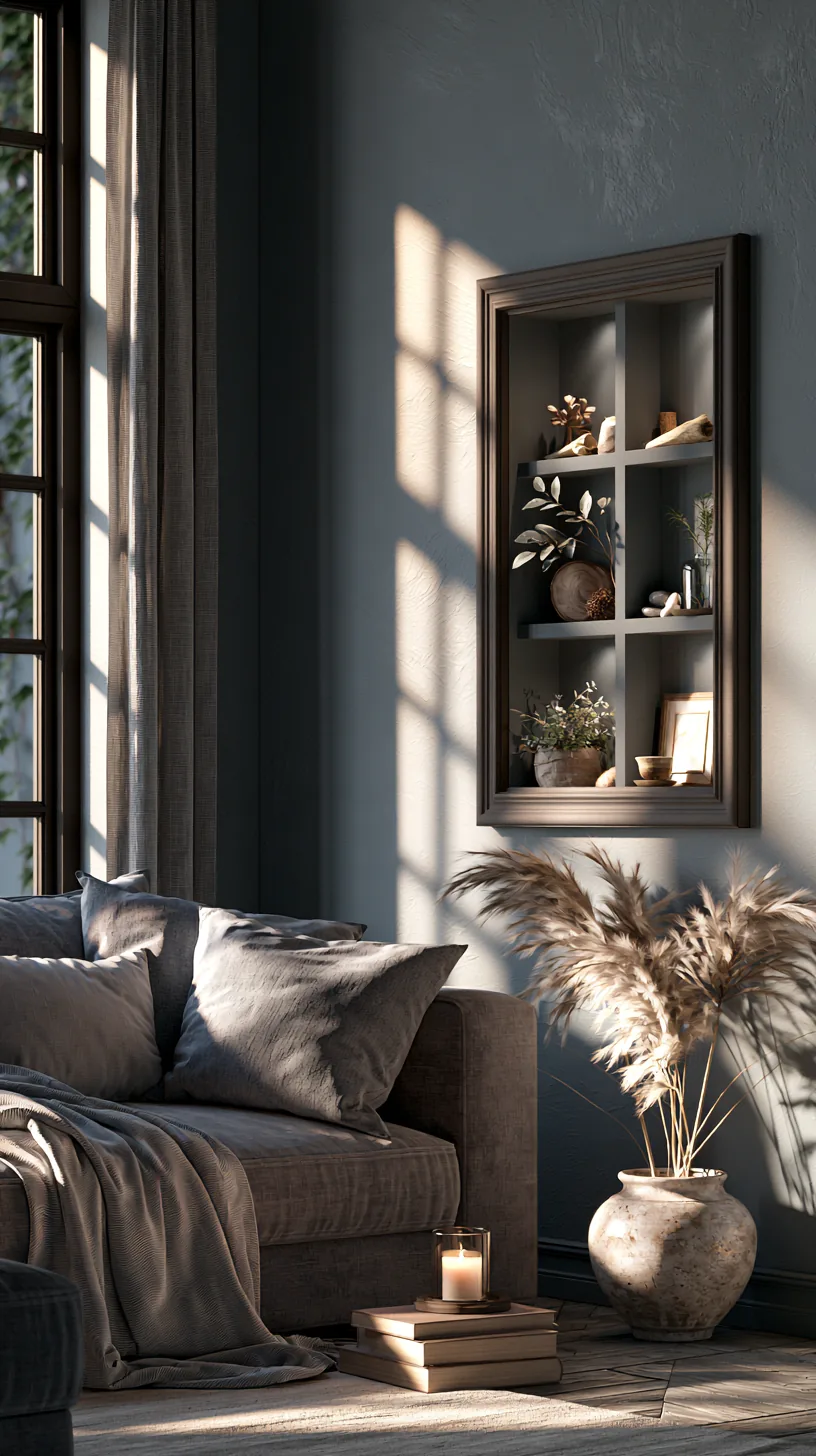 a shadow box vignette of keepsakes in a grey and white living room, photo 2 of 4