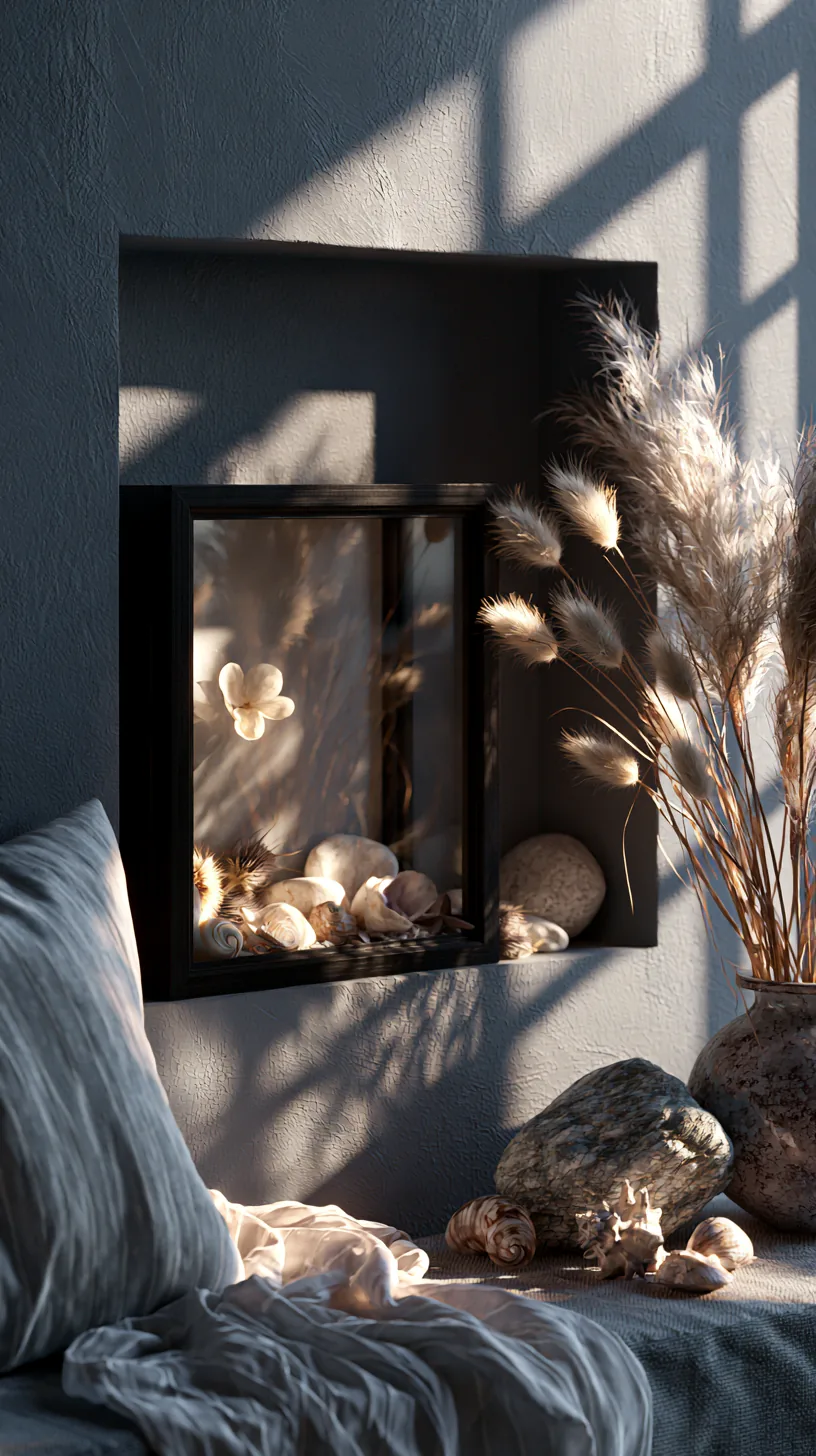 a shadow box vignette of keepsakes in a grey and white living room, photo 3 of 4