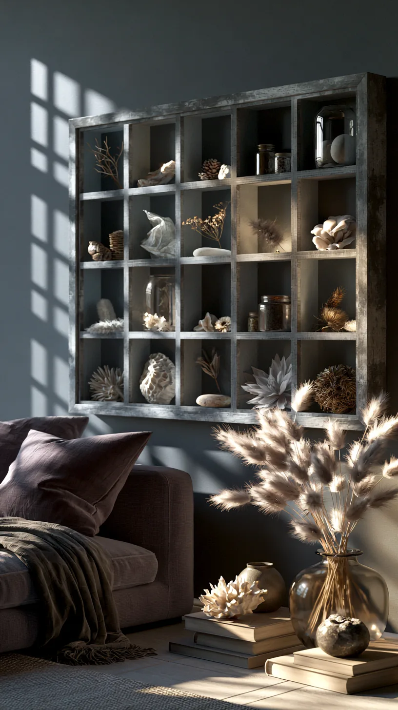 a shadow box vignette of keepsakes in a grey and white living room, photo 4 of 4