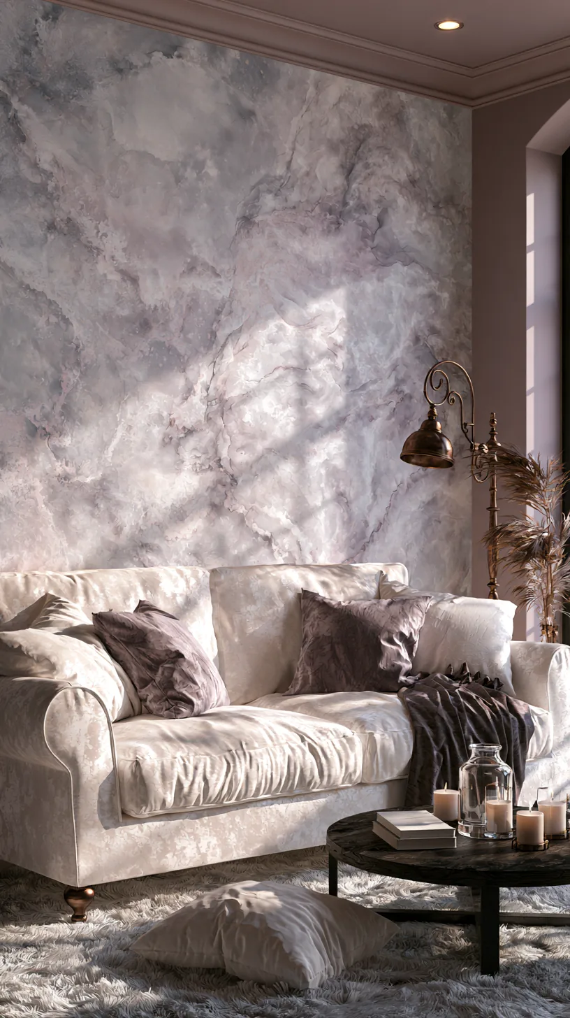 a subtle grey peel and stick mural on a grey and white living room accent wall, photo 1 of 4
