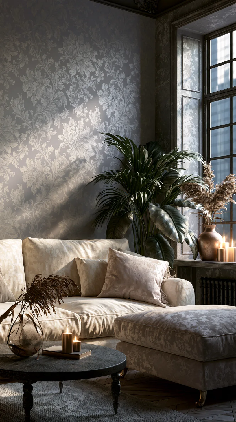 a subtle grey peel and stick mural on a grey and white living room accent wall, photo 2 of 4