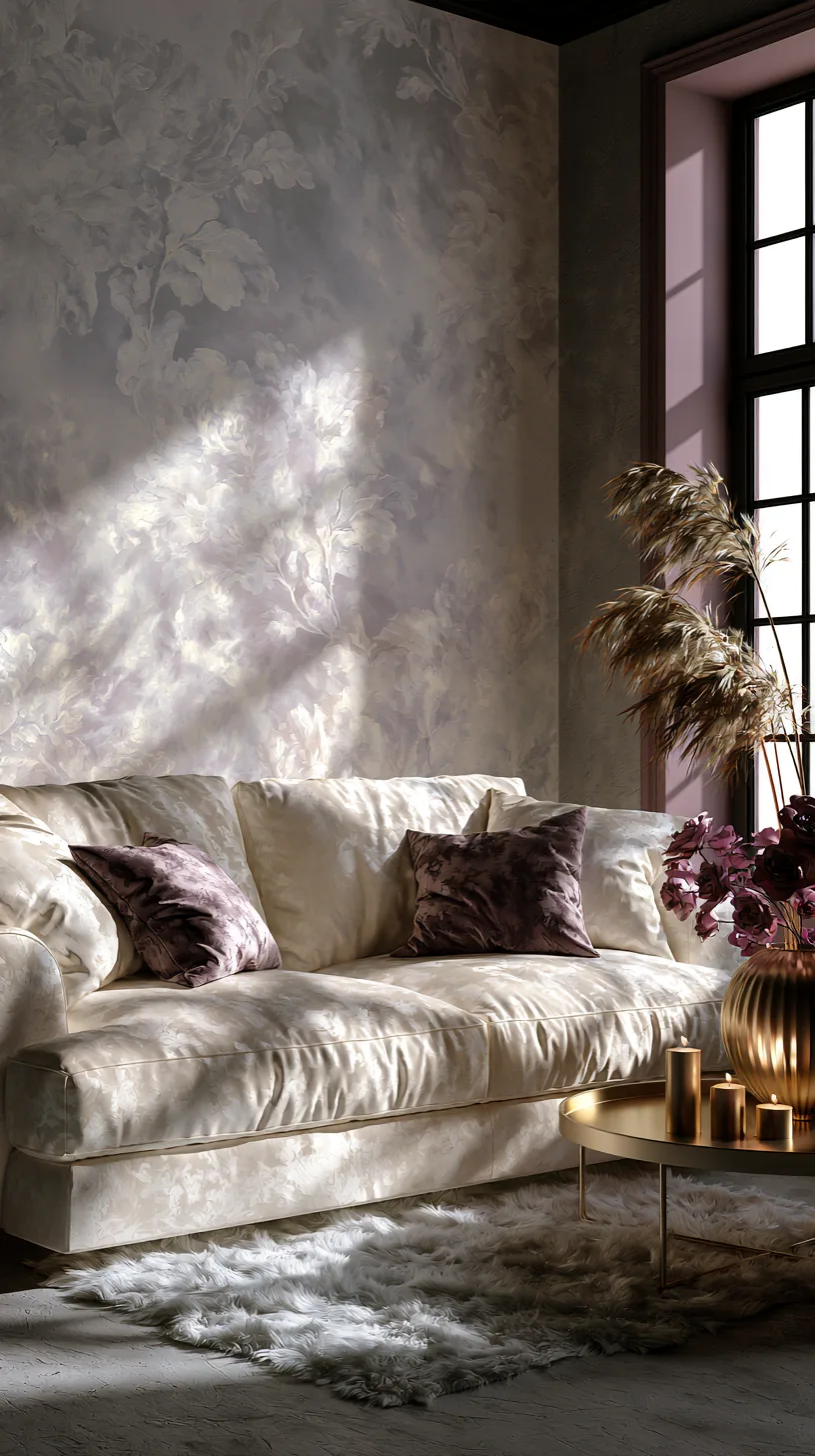 a subtle grey peel and stick mural on a grey and white living room accent wall, photo 3 of 4