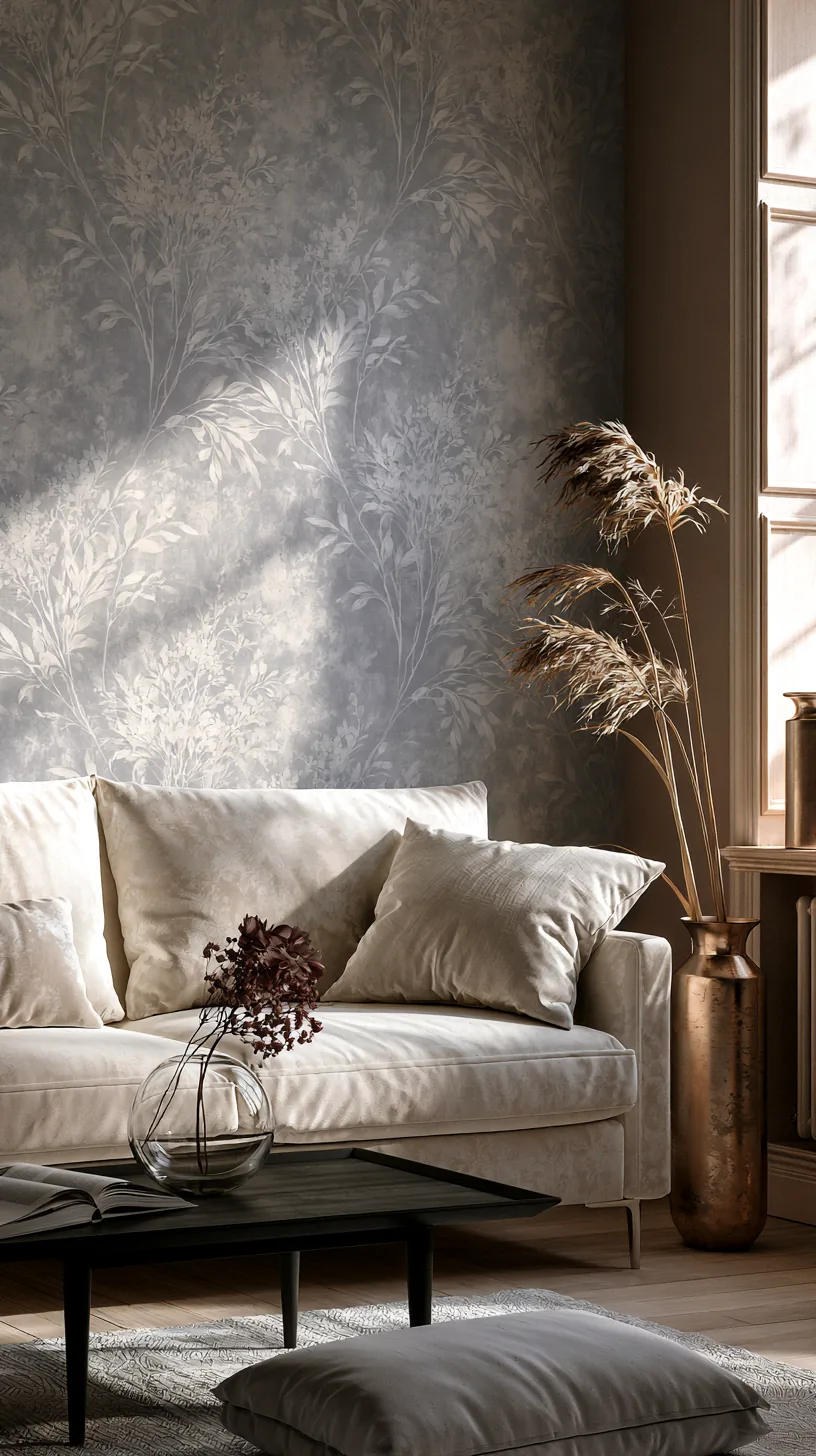 a subtle grey peel and stick mural on a grey and white living room accent wall, photo 4 of 4