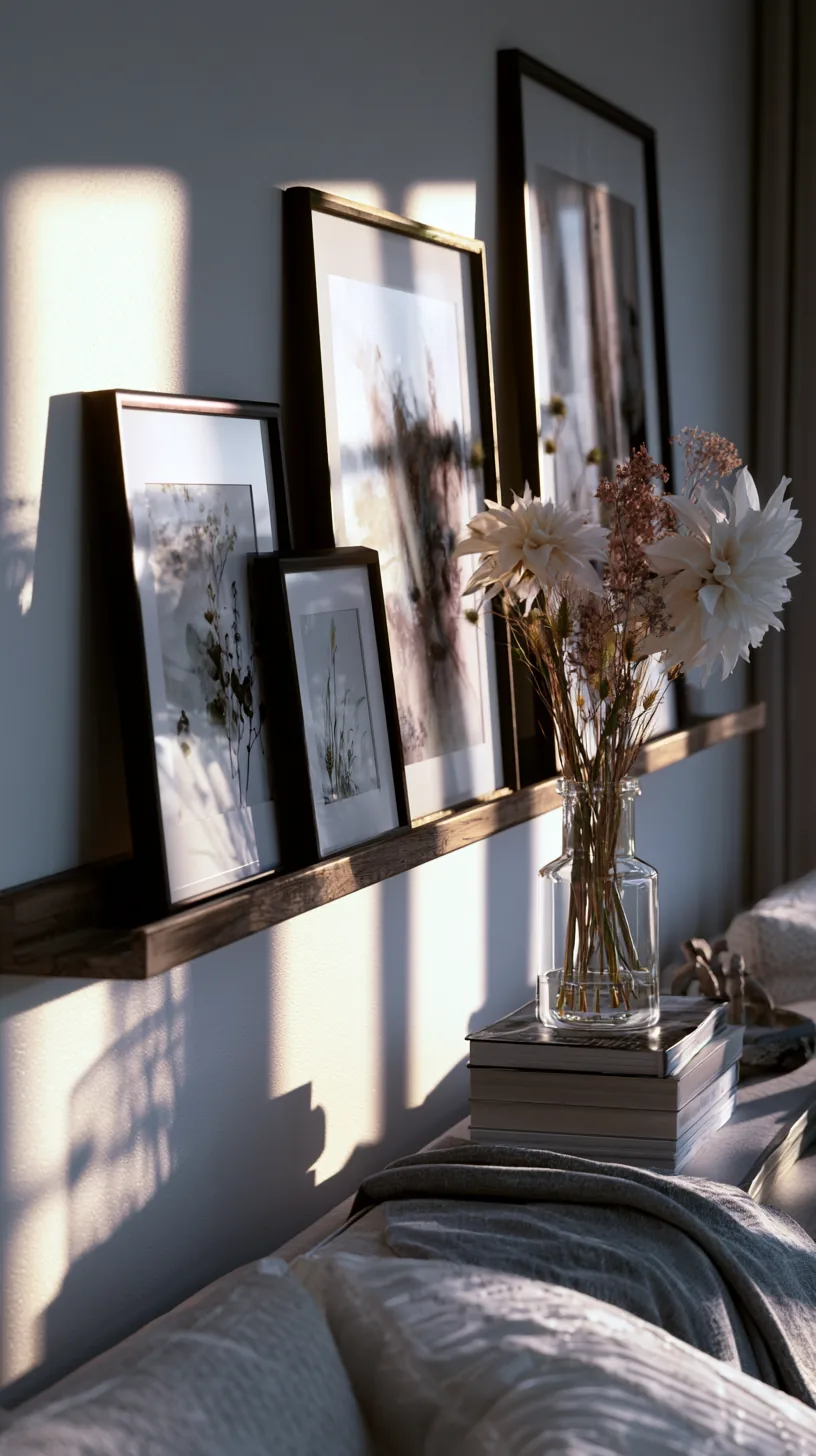 a picture rail holding rotating grey and white art in a living room, photo 1 of 4