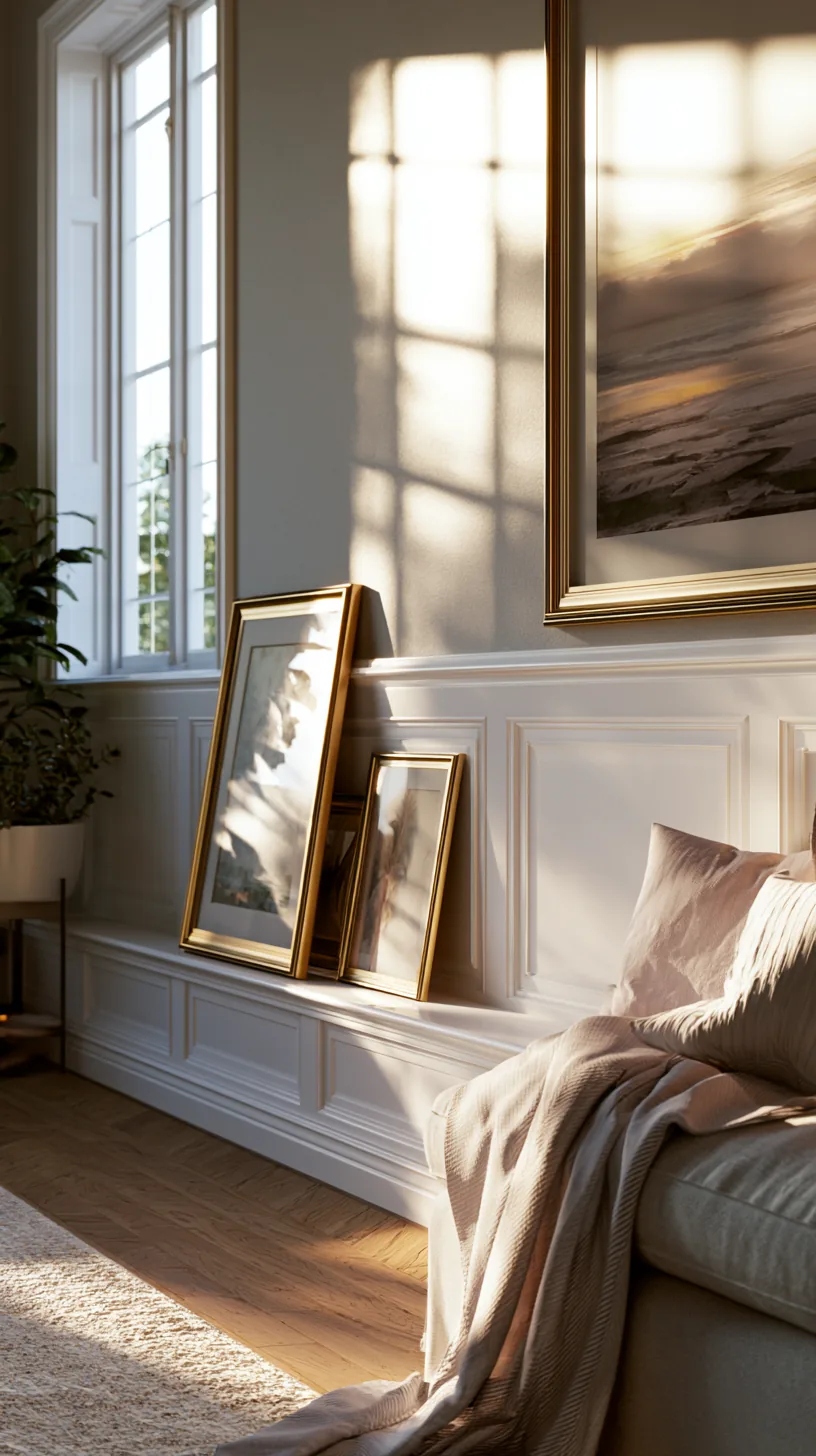 a picture rail holding rotating grey and white art in a living room, photo 2 of 4