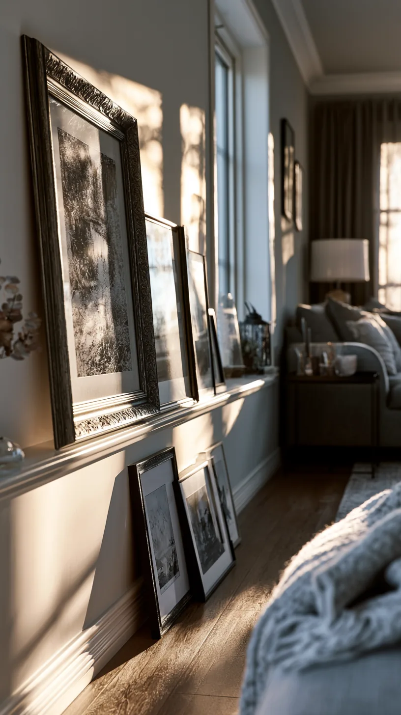 a picture rail holding rotating grey and white art in a living room, photo 3 of 4