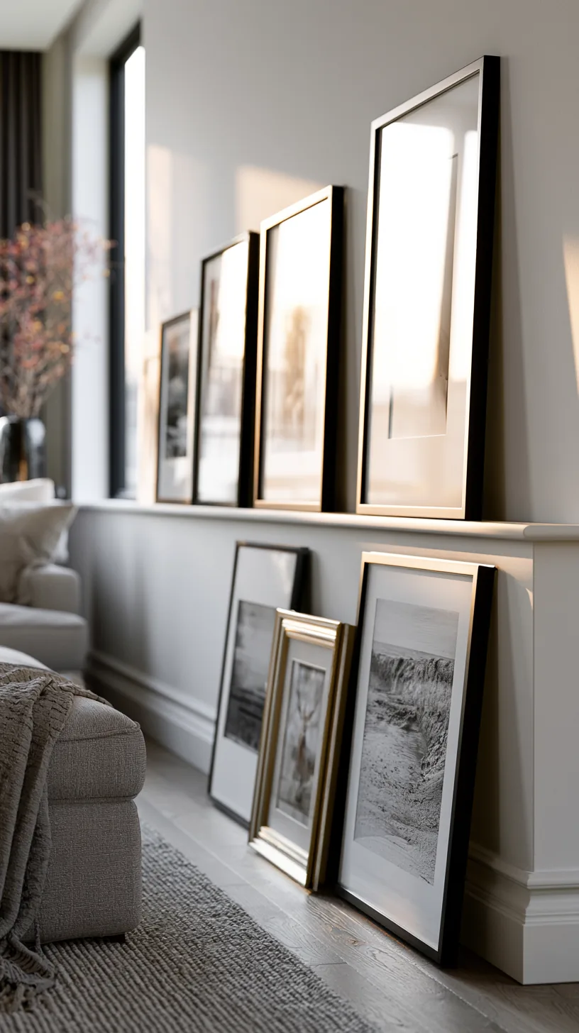 a picture rail holding rotating grey and white art in a living room, photo 4 of 4
