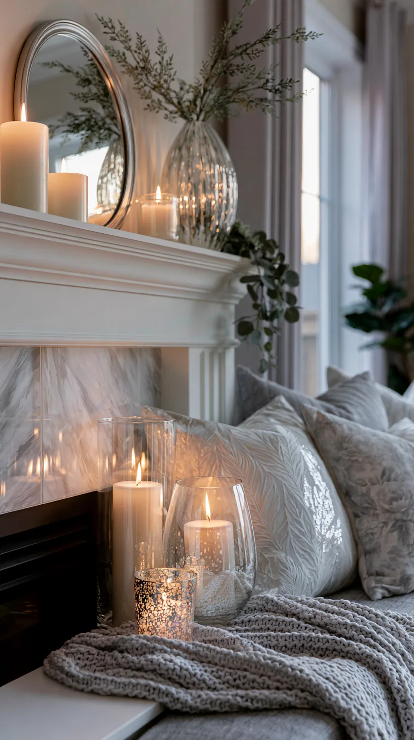 a styled grey and white mantel with layered decor in a living room, photo 1 of 4