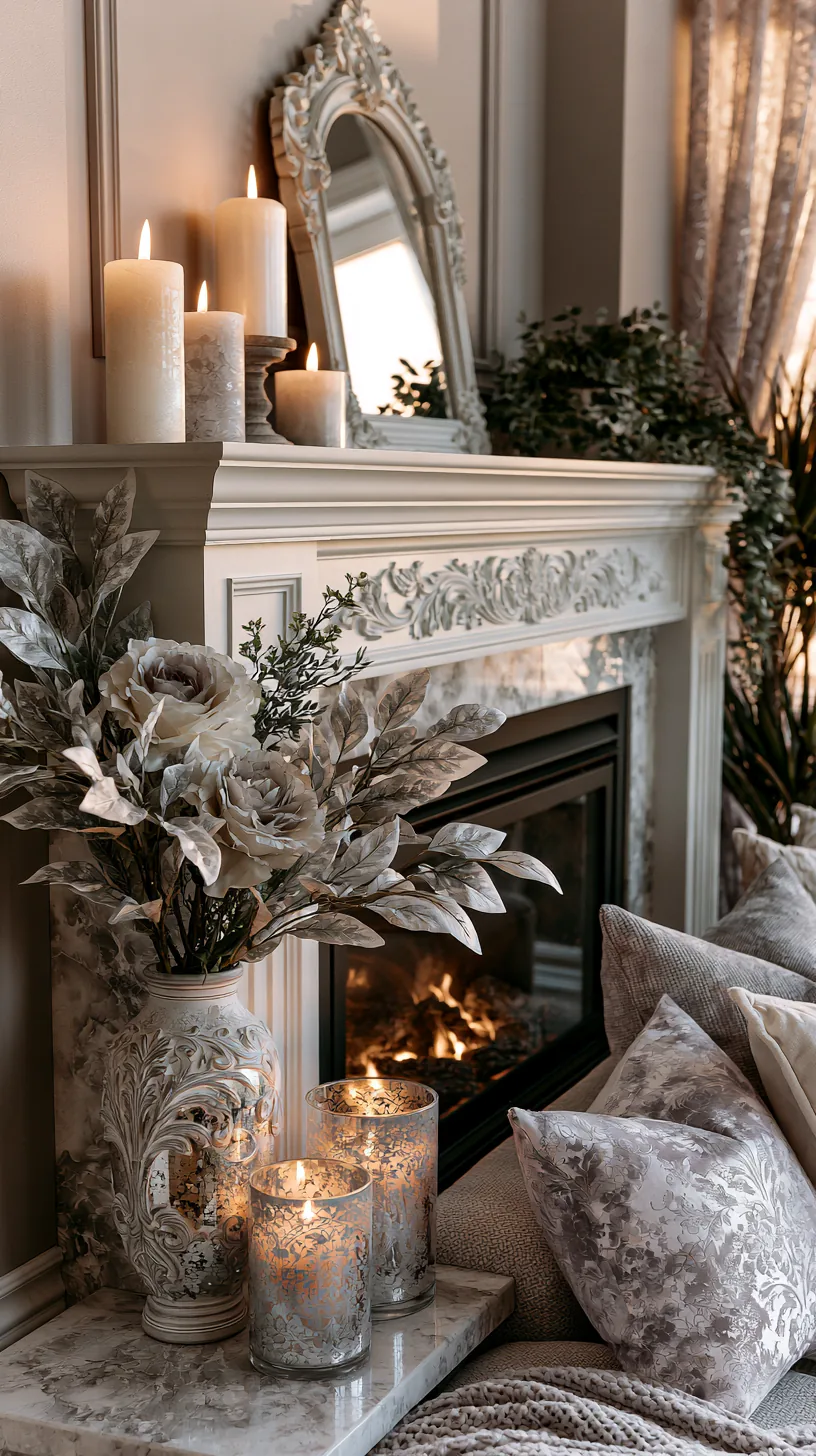 a styled grey and white mantel with layered decor in a living room, photo 2 of 4