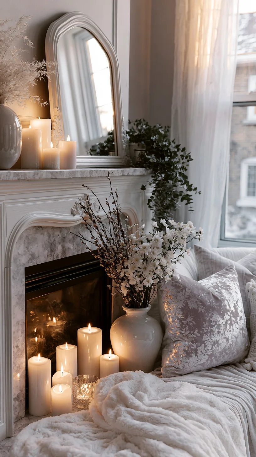 a styled grey and white mantel with layered decor in a living room, photo 3 of 4
