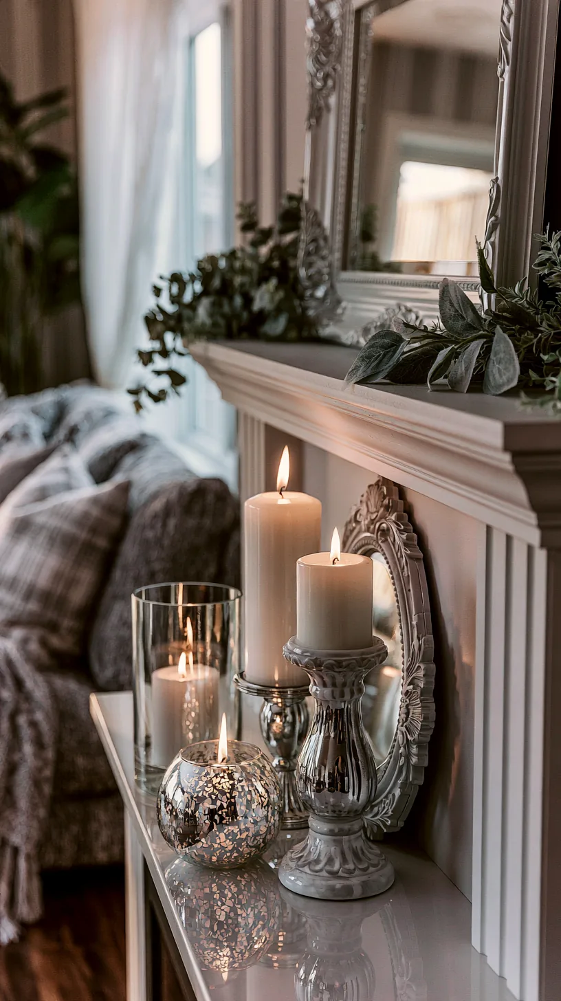 a styled grey and white mantel with layered decor in a living room, photo 4 of 4