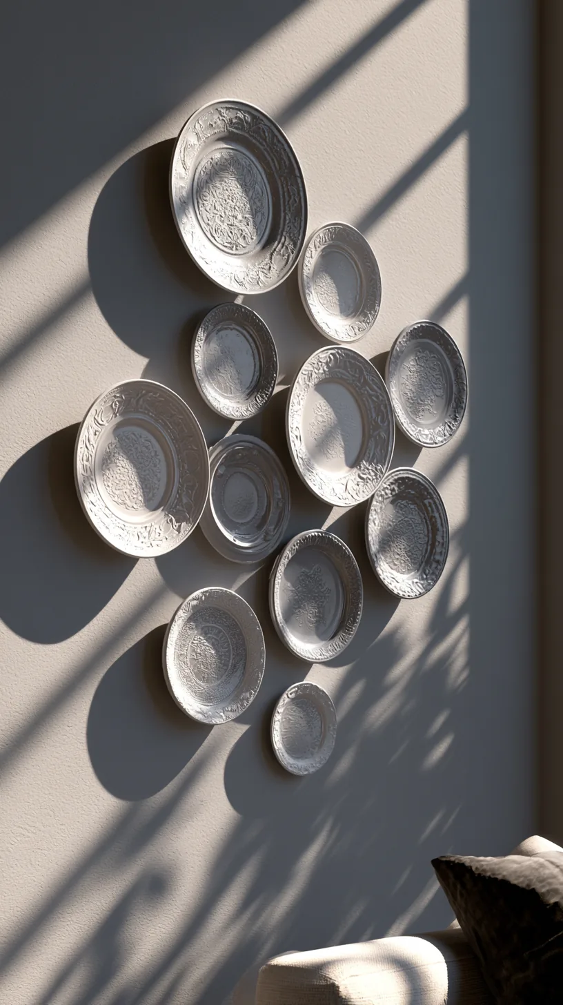 a cluster of grey and white decorative wall plates in a living room, photo 1 of 4