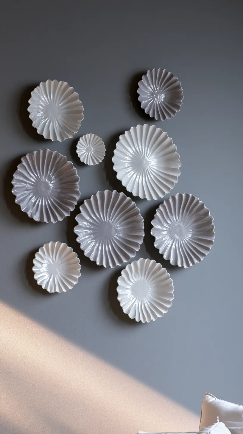 a cluster of grey and white decorative wall plates in a living room, photo 2 of 4