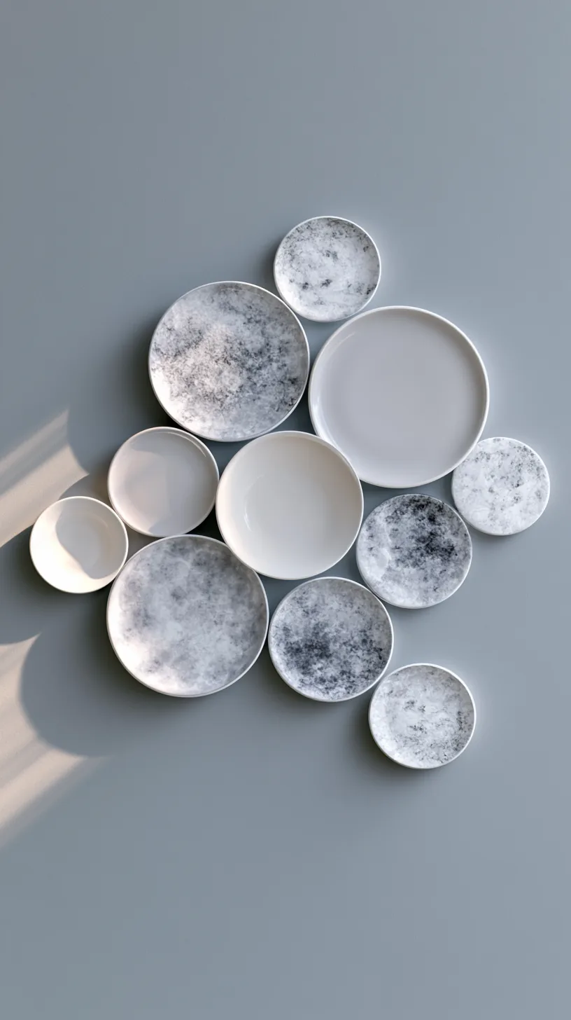 a cluster of grey and white decorative wall plates in a living room, photo 3 of 4