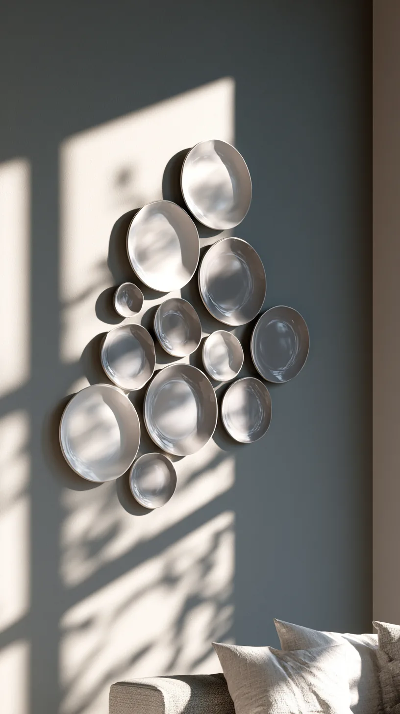 a cluster of grey and white decorative wall plates in a living room, photo 4 of 4
