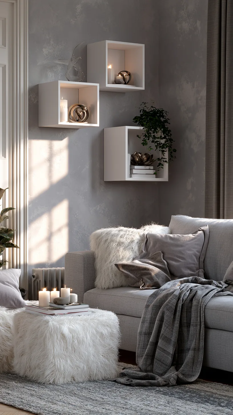 a cube shelf holding rotating small decor in a grey and white living room, photo 1 of 4