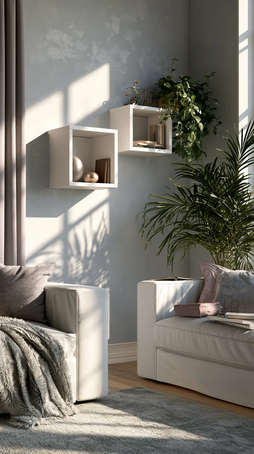 a cube shelf holding rotating small decor in a grey and white living room, photo 2 of 4