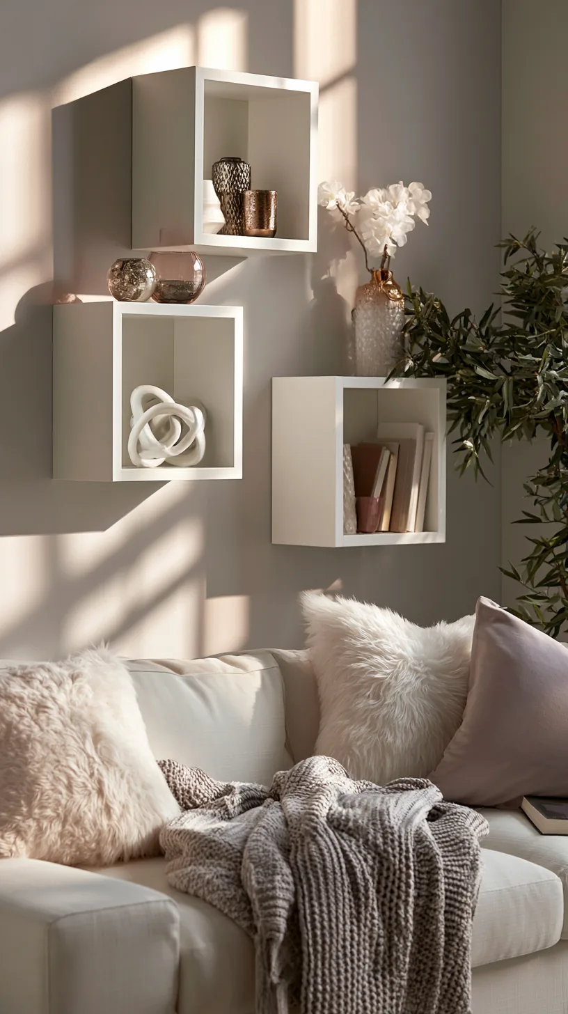 a cube shelf holding rotating small decor in a grey and white living room, photo 3 of 4