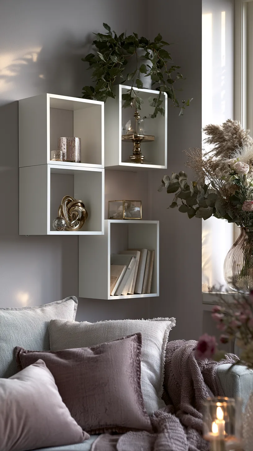 a cube shelf holding rotating small decor in a grey and white living room, photo 4 of 4