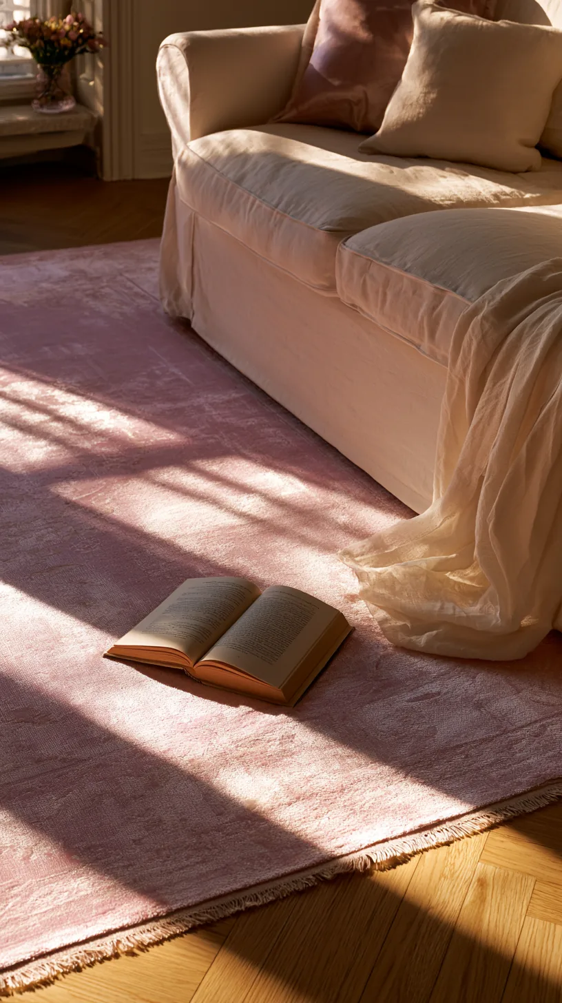 a blush pink area rug grounding a living room seating area, photo 1 of 3