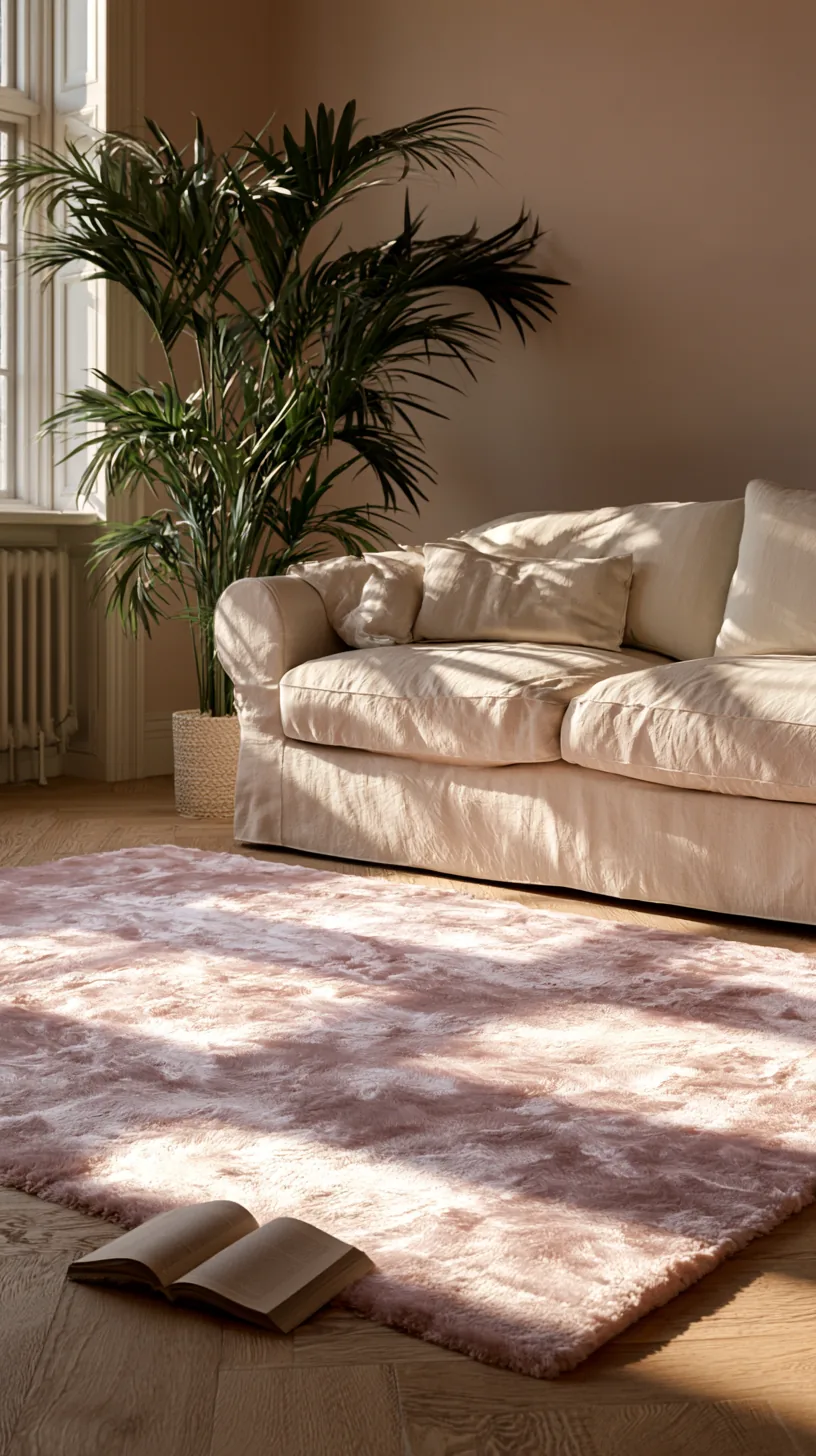 a blush pink area rug grounding a living room seating area, photo 2 of 3