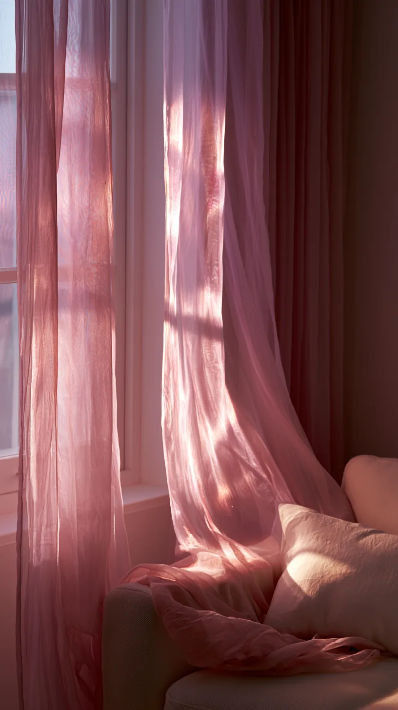 soft pink sheer curtains filtering light in a living room, photo 1 of 3