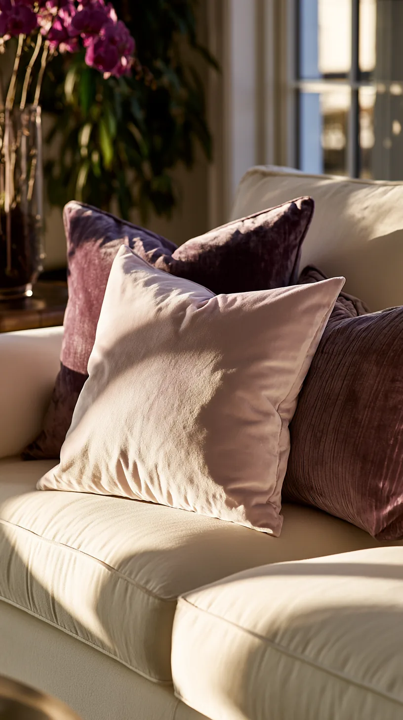 blush and mauve throw pillows layered on a sofa in a pink living room, photo 1 of 4