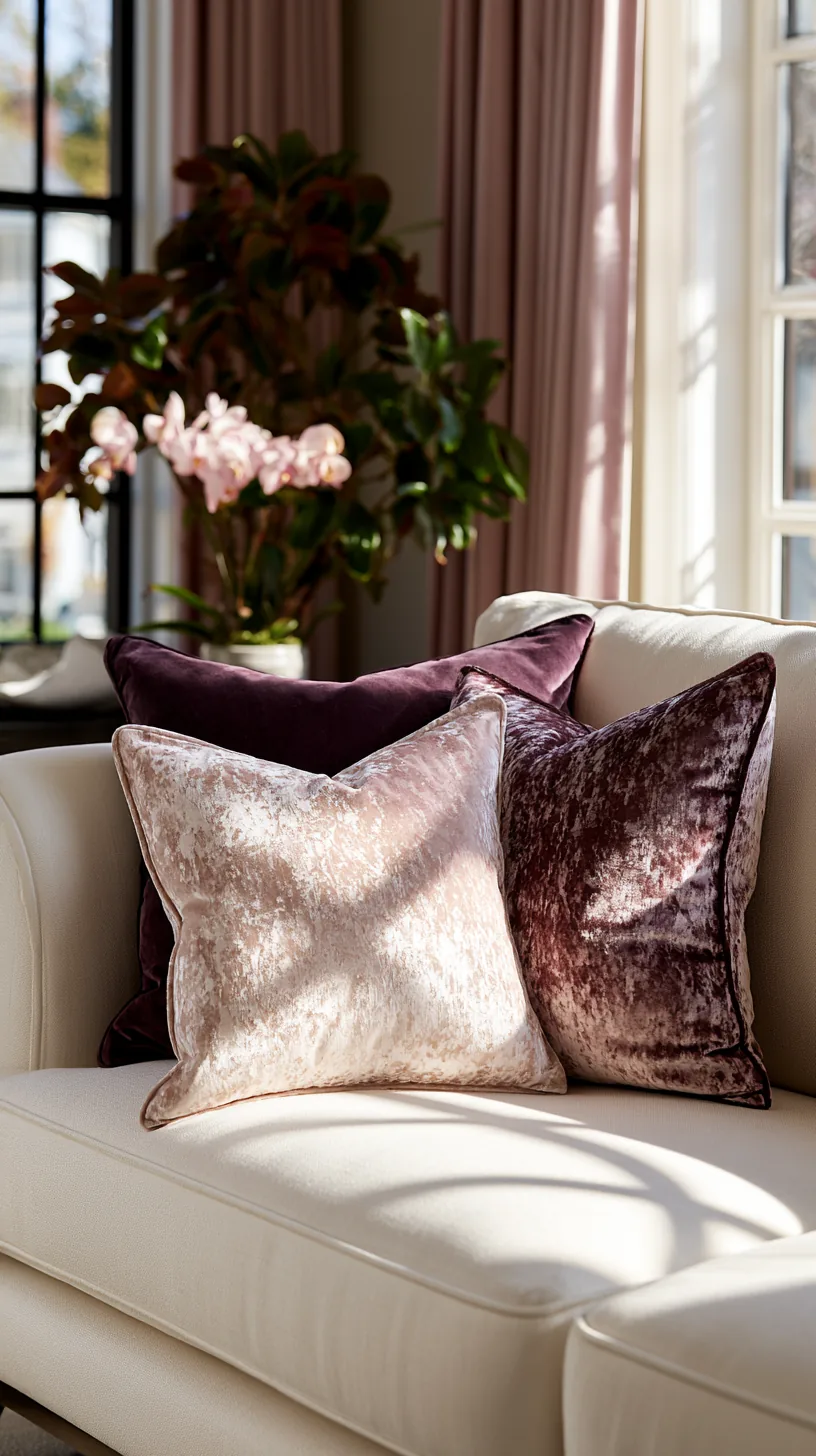 blush and mauve throw pillows layered on a sofa in a pink living room, photo 2 of 4