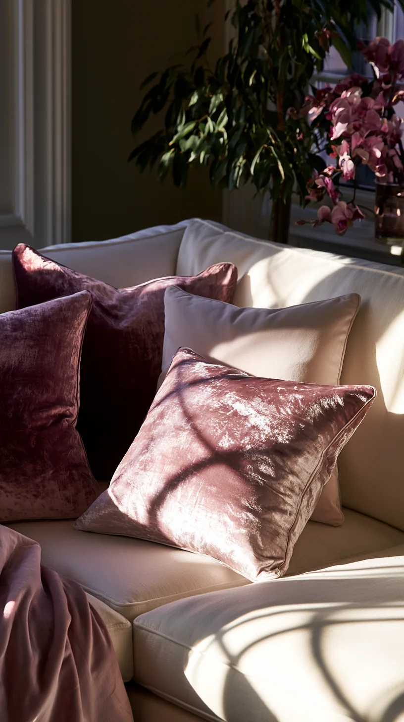 blush and mauve throw pillows layered on a sofa in a pink living room, photo 3 of 4