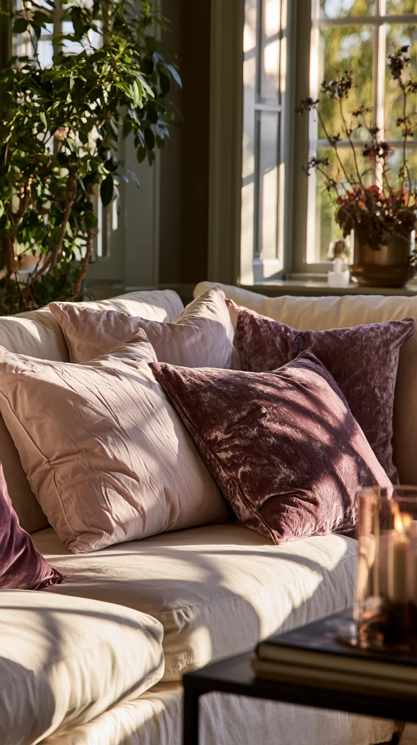 blush and mauve throw pillows layered on a sofa in a pink living room, photo 4 of 4