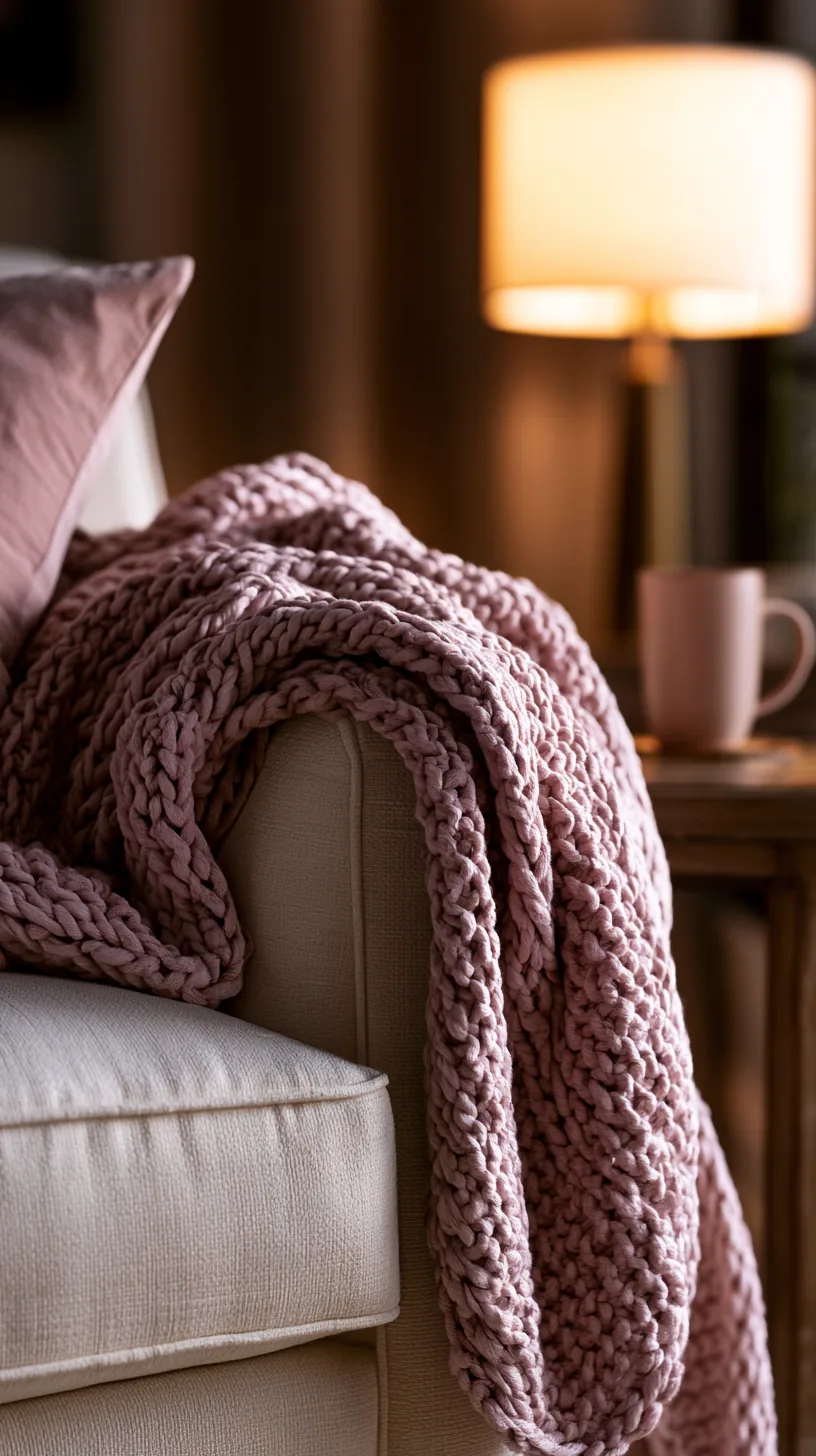 a soft pink knit throw draped over a living room sofa, photo 1 of 3