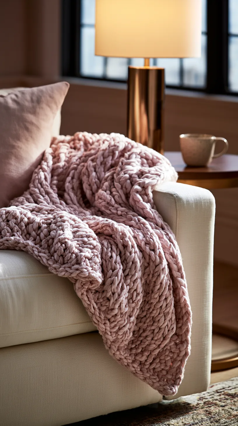 a soft pink knit throw draped over a living room sofa, photo 2 of 3