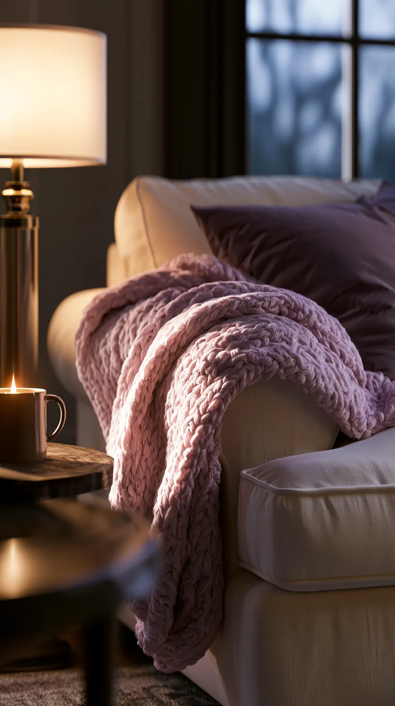 a soft pink knit throw draped over a living room sofa, photo 3 of 3