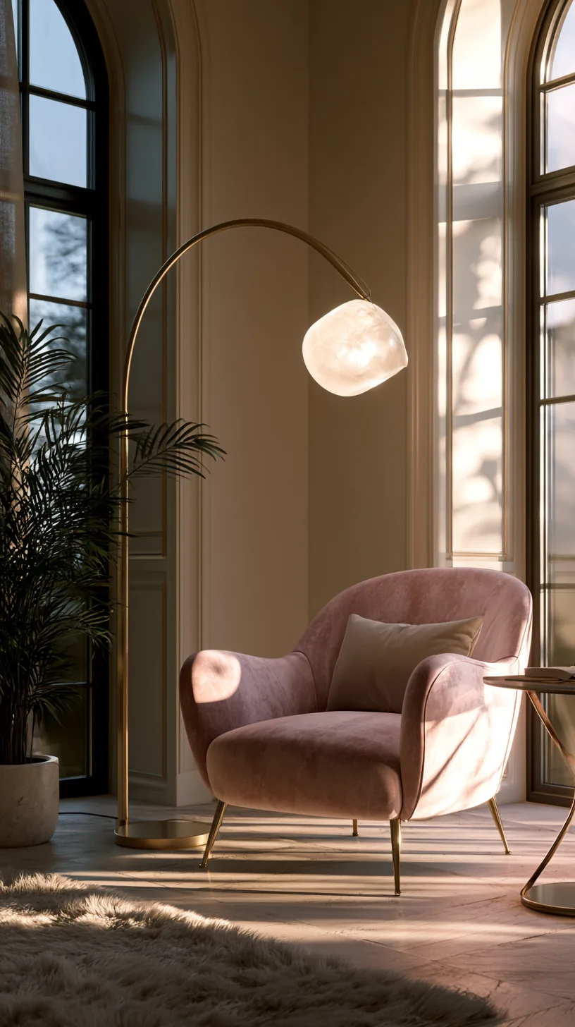 an arc floor lamp glowing over a sofa in a pink living room, photo 1 of 3