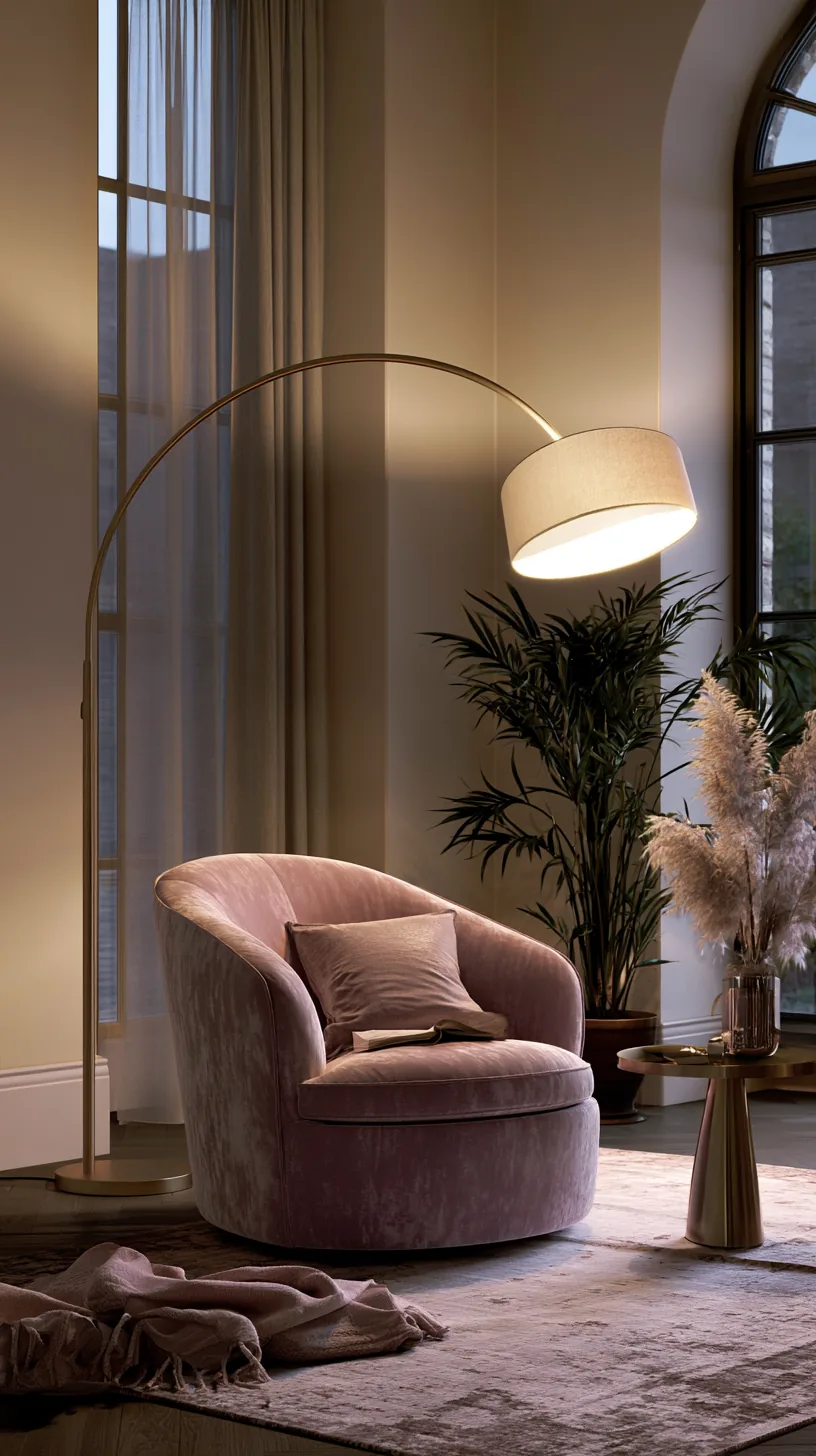 an arc floor lamp glowing over a sofa in a pink living room, photo 2 of 3