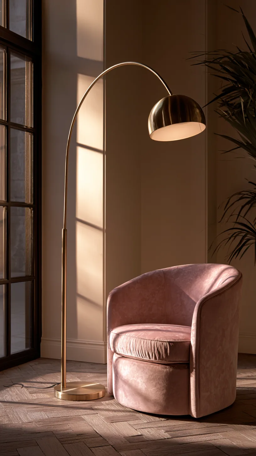 an arc floor lamp glowing over a sofa in a pink living room, photo 3 of 3