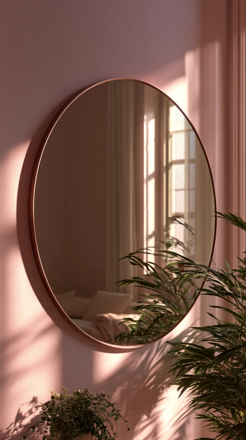 a large round mirror reflecting light in a pink living room, photo 1 of 3