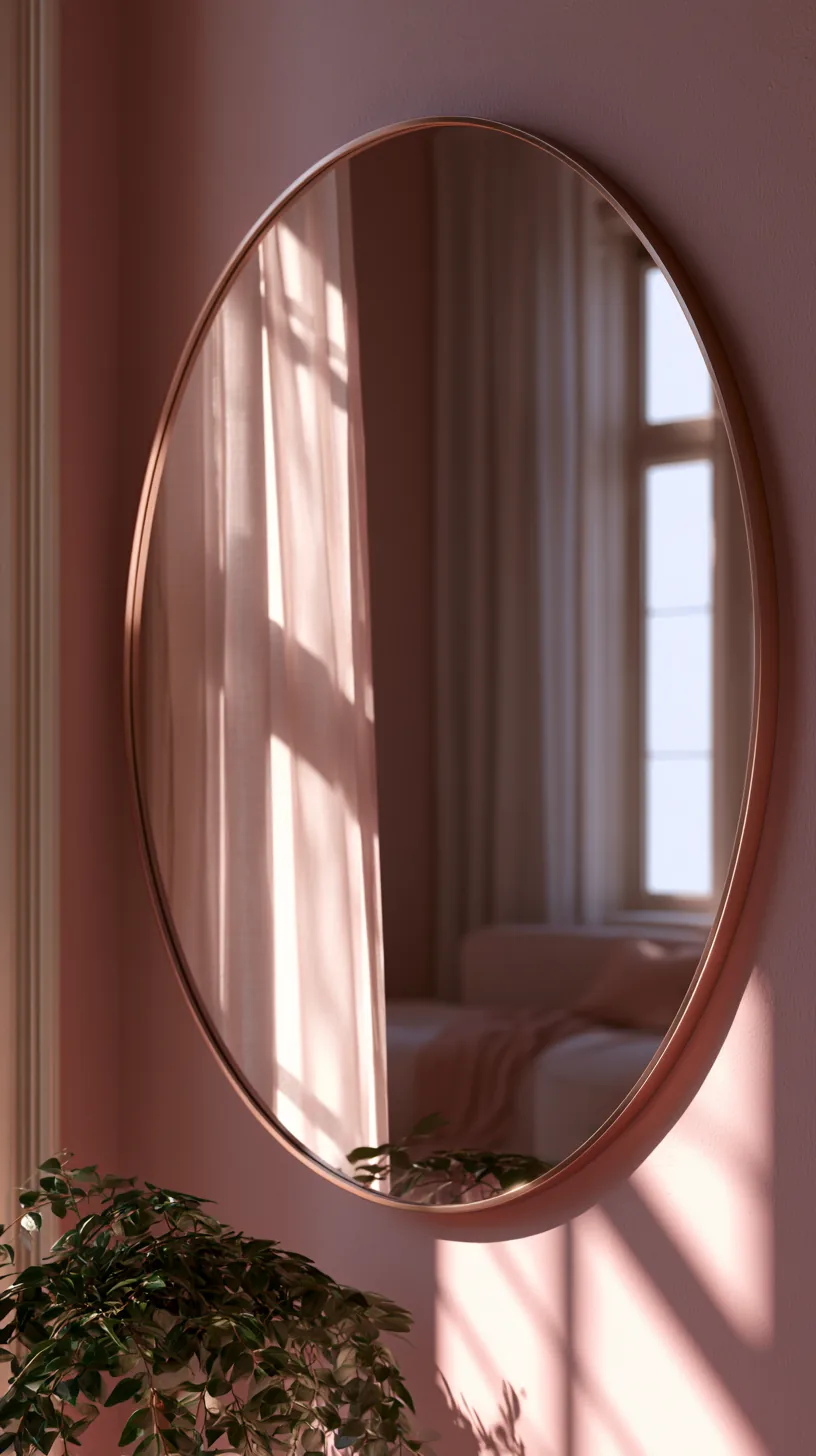 a large round mirror reflecting light in a pink living room, photo 2 of 3