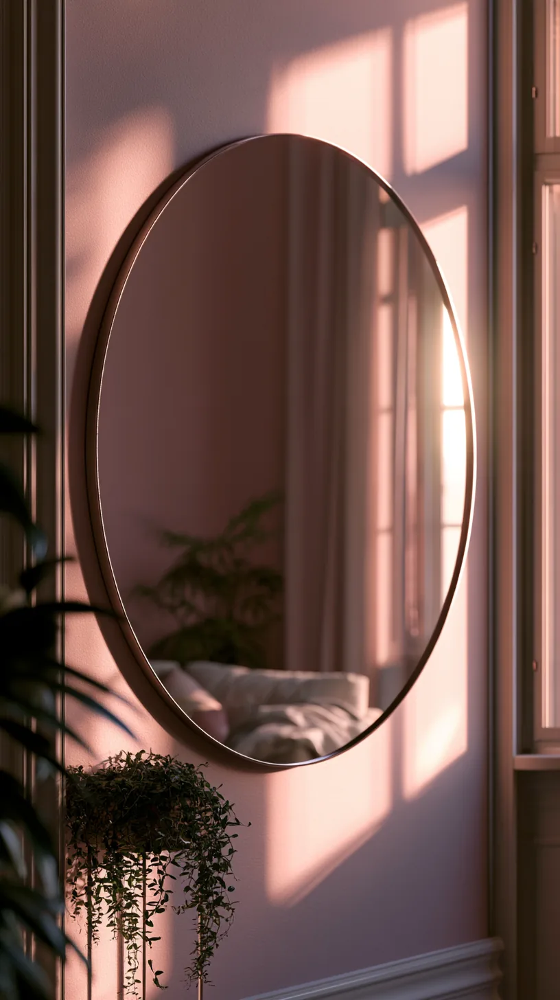 a large round mirror reflecting light in a pink living room, photo 3 of 3