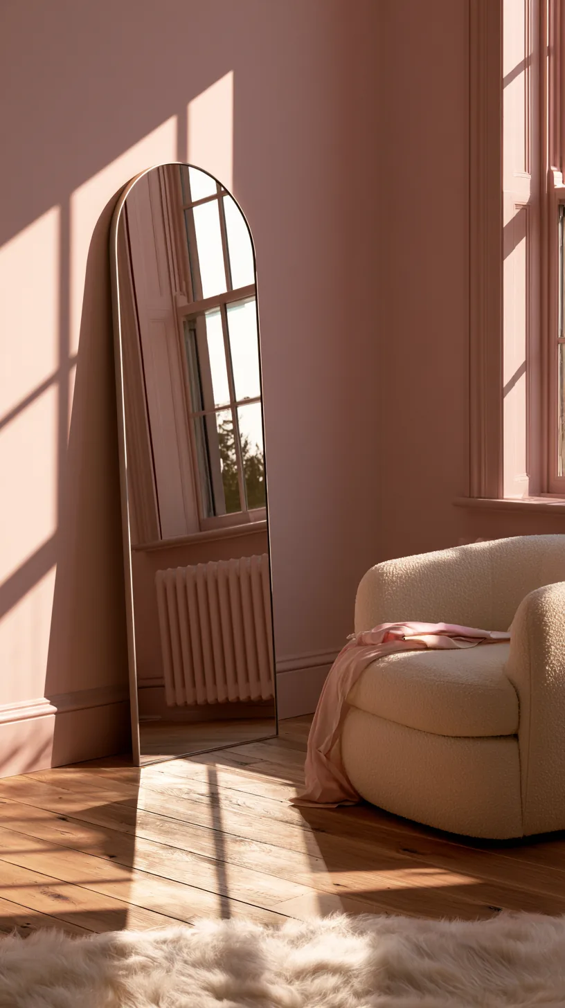 an arched mirror as a soft focal point in a pink living room, photo 1 of 3