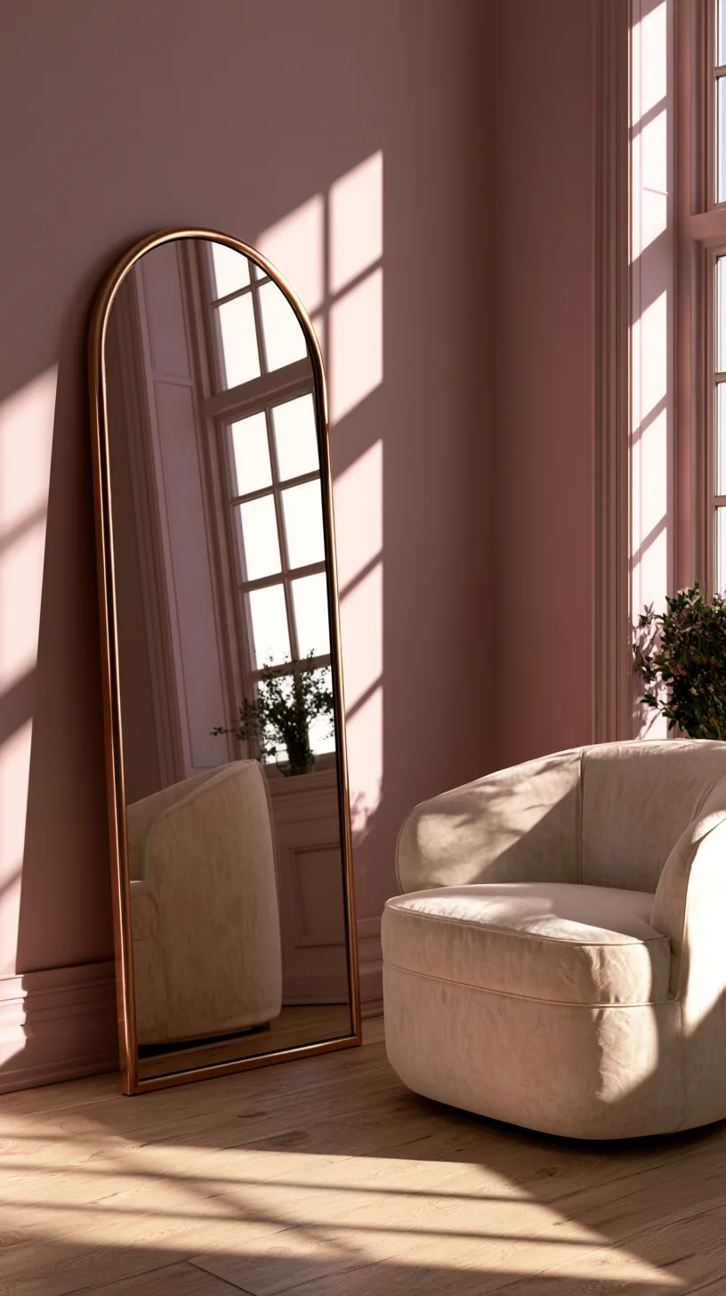 an arched mirror as a soft focal point in a pink living room, photo 2 of 3