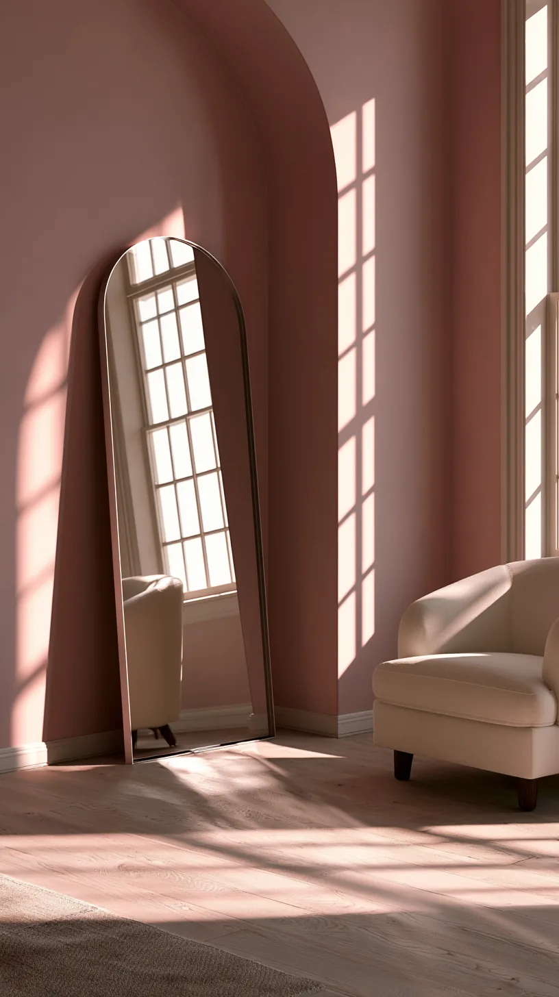 an arched mirror as a soft focal point in a pink living room, photo 3 of 3
