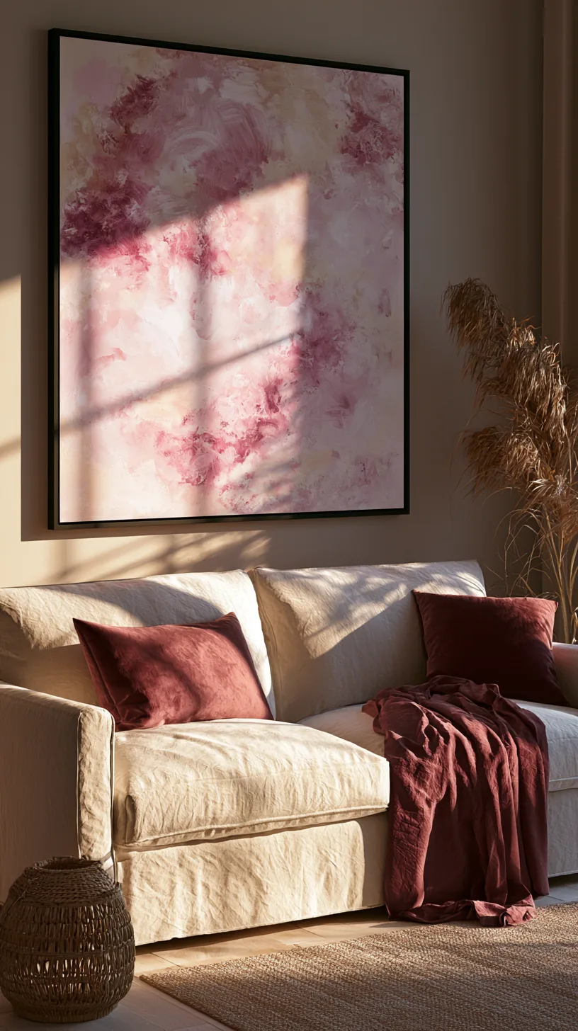 an oversized pink abstract canvas above a living room couch, photo 1 of 4