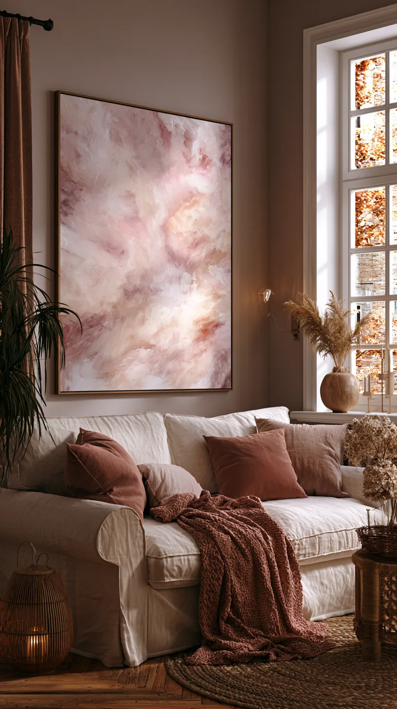 an oversized pink abstract canvas above a living room couch, photo 2 of 4