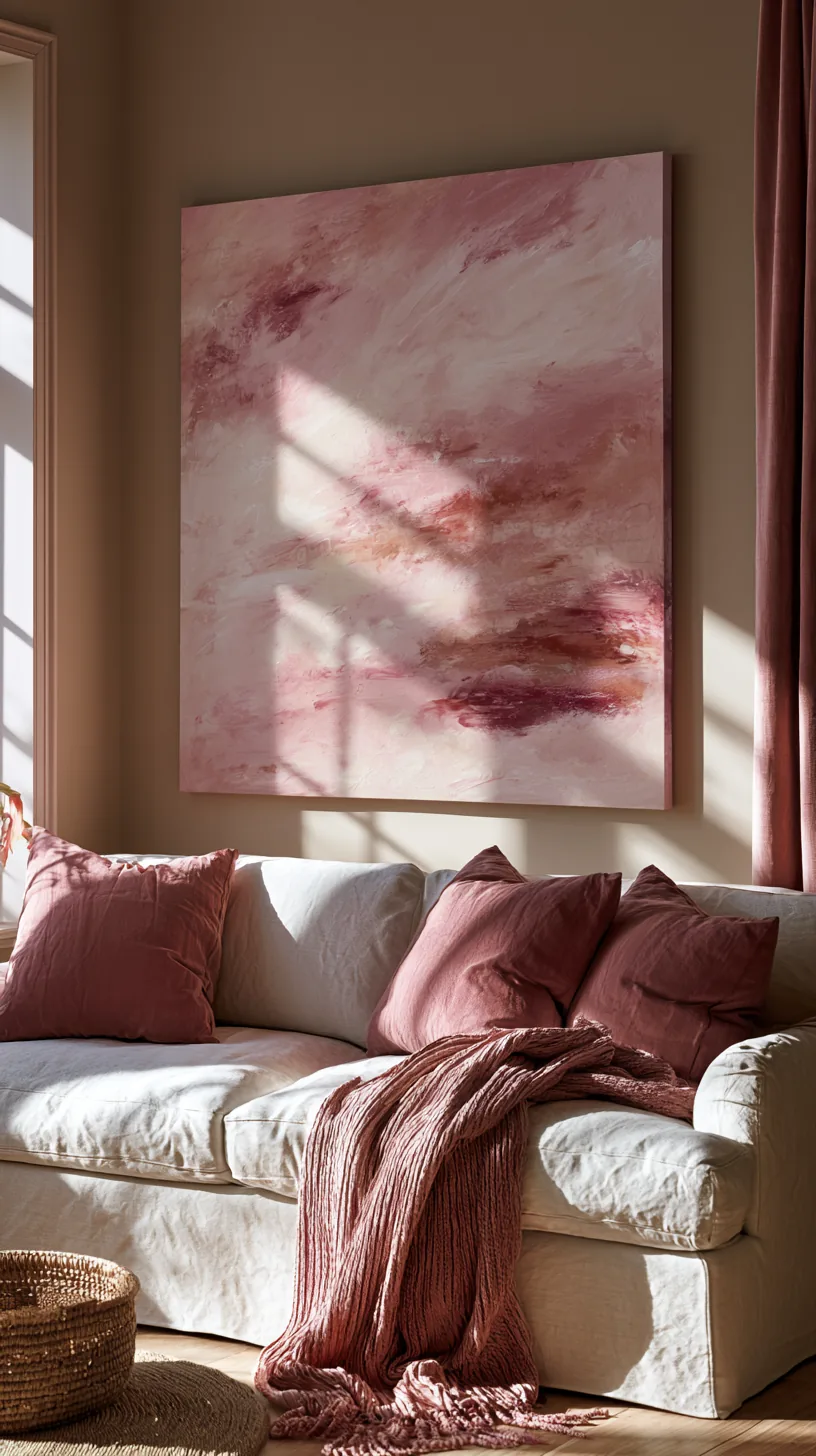 an oversized pink abstract canvas above a living room couch, photo 3 of 4