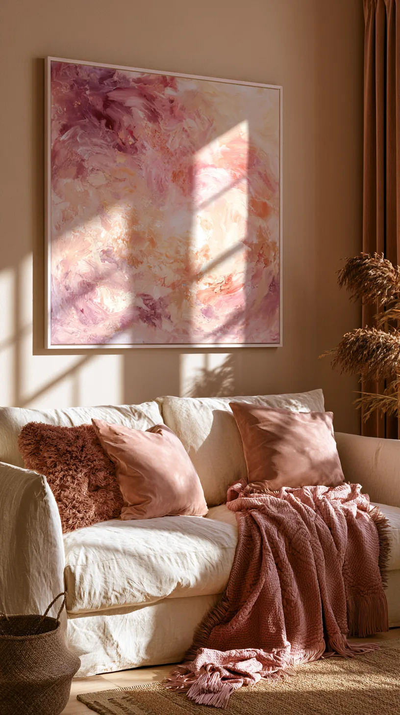 an oversized pink abstract canvas above a living room couch, photo 4 of 4