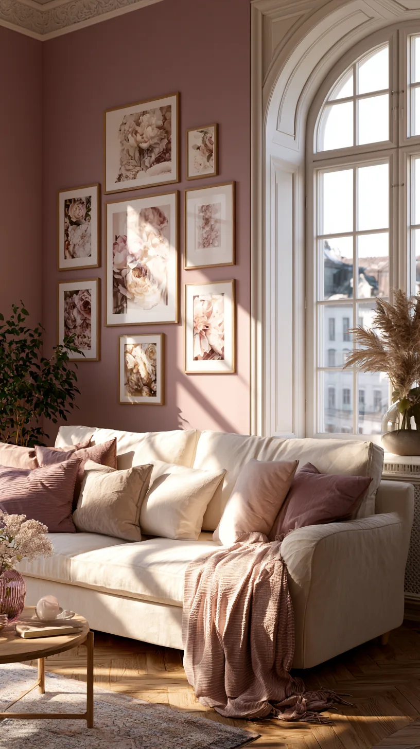 a blush gallery wall of framed prints in a pink living room, photo 1 of 4