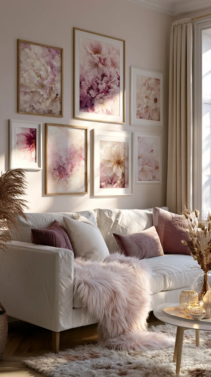 a blush gallery wall of framed prints in a pink living room, photo 2 of 4