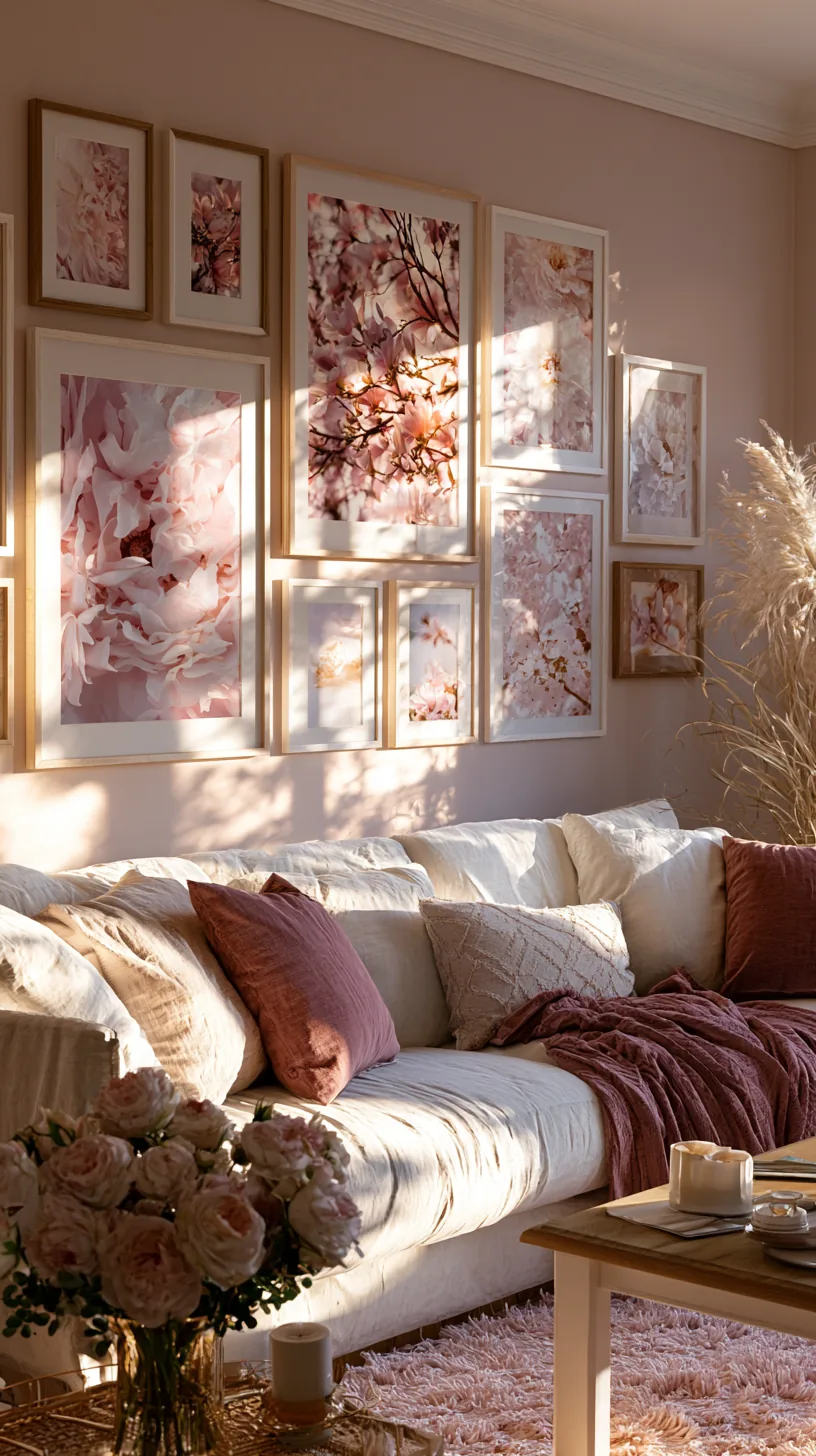 a blush gallery wall of framed prints in a pink living room, photo 3 of 4