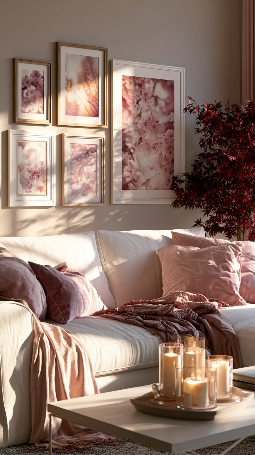 a blush gallery wall of framed prints in a pink living room, photo 4 of 4